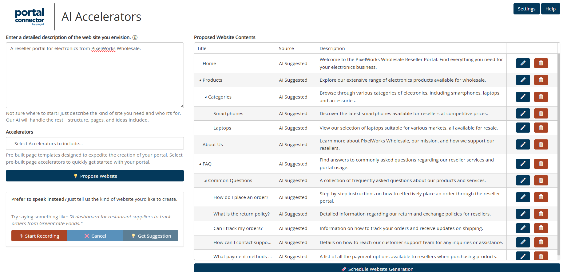 Ai generation of a tree view list of pages using Portal Connector 7.0