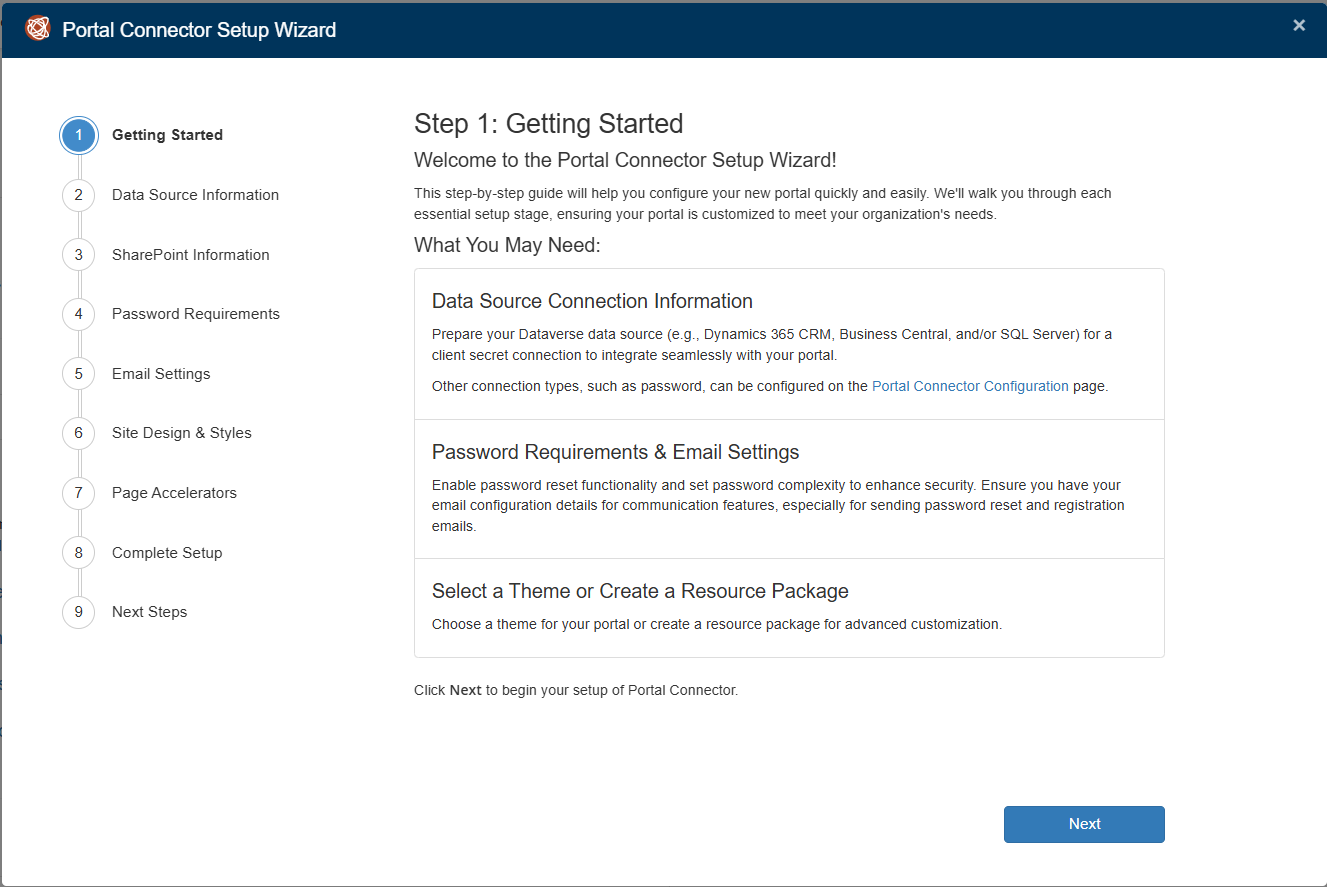 Portal Connector Setup Wizard Step 1